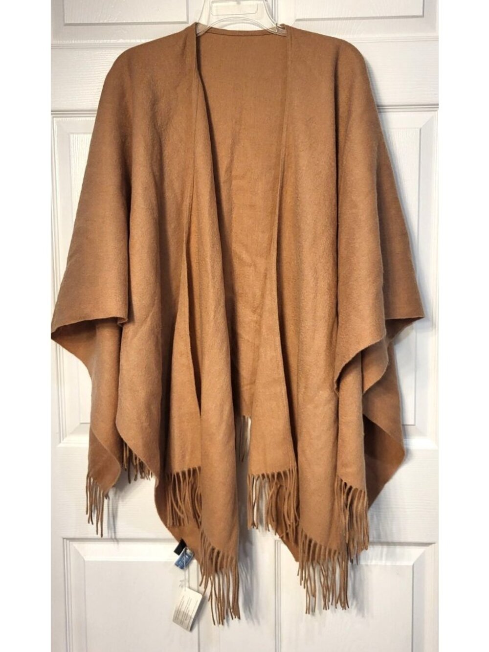 NWT Portolano Camel Brown Lambs Wool Fringe Shawl Wrap Ruana OS Soft Winter